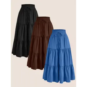 2025 3pcs Women'S Plus Size Pleated Skirts - Comfortable Loose Fit, Solid Color, Mid-Length with Ruffle Detail, Perfect for Spring/Summer, Ideal Holiday Gift, Casual Chic Style, Plus Size Skirts
