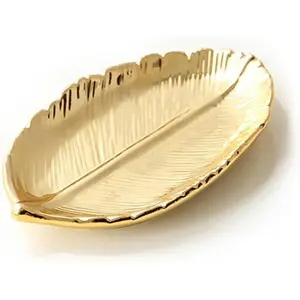 Golden Leaf Shaped Small Ceramic  Ring Dish Necklace Bracelet Holder Tray Organizer, Ceramic Decorative Trinket Dish for Wedding Party Woman Girl -Small  Leaf