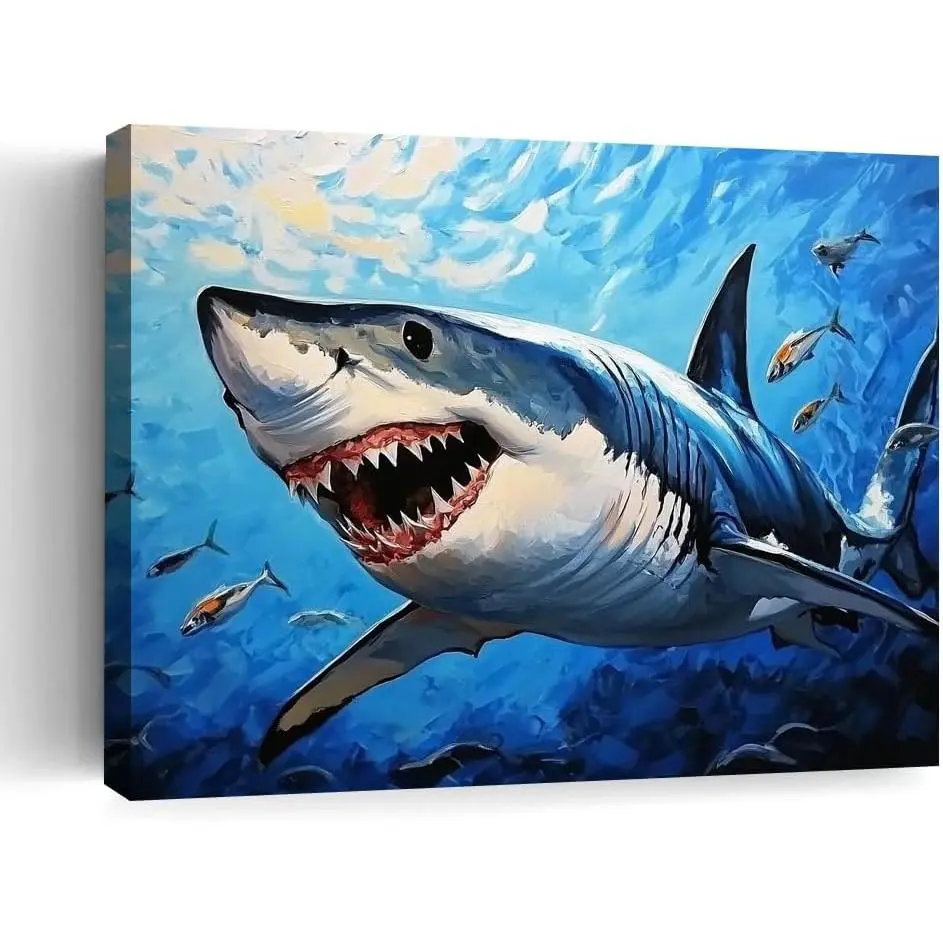 Ocean Predator Great White Shark Canvas Wall Art Print Poster Artwork Decor for Home Living Room Bedroom Office Bathroom Modern Nautical Marine Animal Wildlife Theme Pictures-Unframe-Made in USA-24x36inch