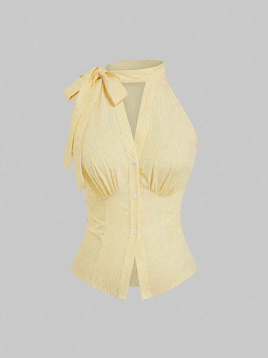 Women's White Summer Flapper Tea Party Sleeveless Bow Tie Waist Fitted Pleated Yellow Striped Shirt,Collegiate Style Vacation Casual