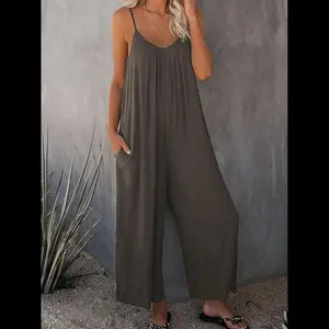 Women's Plain Pocket Adjustable Strap Jumpsuit, Summer Clothes Women Casual Style Wide Leg Sleeveless Cami Jumpsuit for Summer Beach Holiday, Ladies Summer Clothes, Overalls, Breathable Womenswear