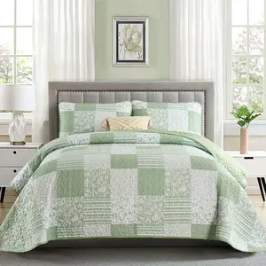 Light Green Set Queen Size, 3 Pieces Floral Bedspread Set Patchwork Reversible Bedding Set Microfiber Lightweight Bedspread Coverlet Set for All Season 96"x90"