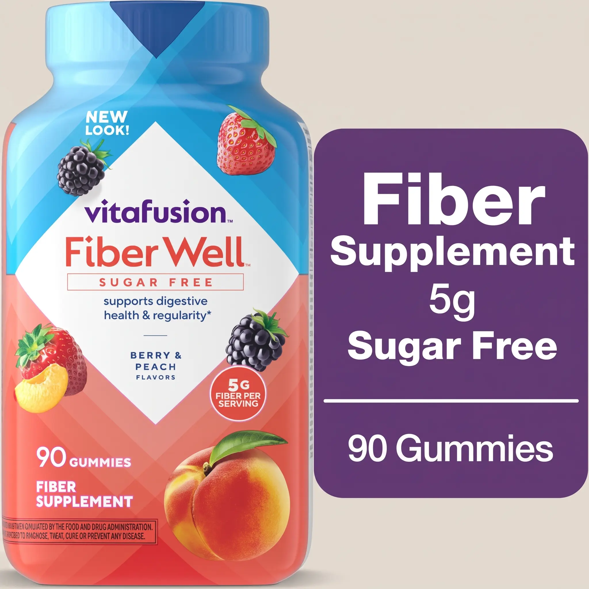 Vitafusion Fiber Well Sugar Free Fiber Gummies 90 Ct Peach Strawberry Berry Flavored For Adult Digestive Support