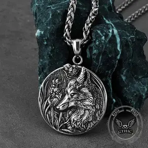 GTHIC Vintage Odin Wolf Stainless Steel Viking Pendant Retro Nordic Amulet Necklace for Parties or Casual Outfits