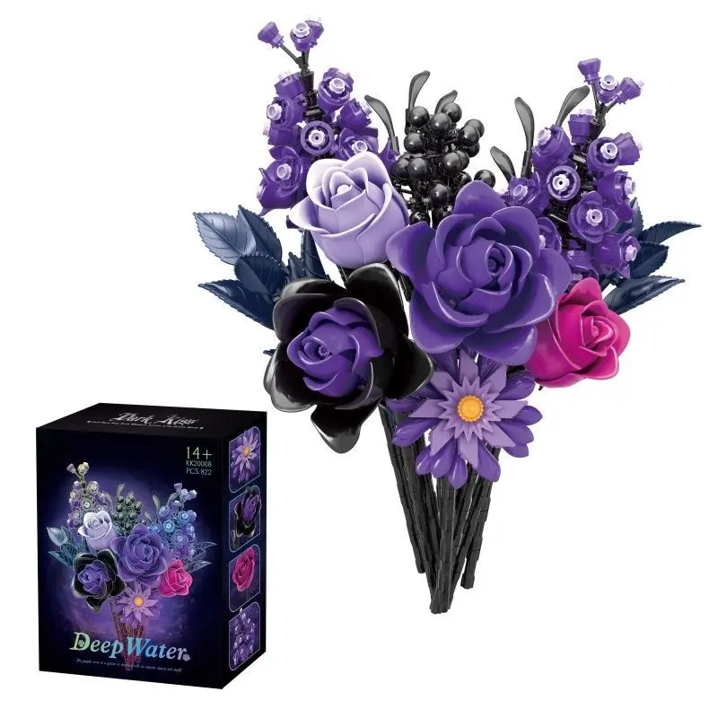 Dark purple rose building block set — unisex for adults; realistic floral collectible display set. Mother’s Day gift, Valentine’s Day present. Suitable for home, room, office shelves, and desktop decoration; ideal for dark aesthetic enthusiasts and DIY bu