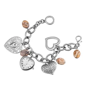 Heart Charm Bracelet Watch: Women's Vintage Jewelry Watches Silver Chain with Natural Stone Pendants and Heart-Shaped Dial Analog Quartz Wristwatch for Mother Lover and Ladies