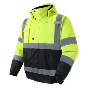 High Visibility Reflective Jackets For Men, Waterproof Safety Jacket With Pockets, Hi Vis Yellow Coats With Black Bottom, Mens Work Construction Coats For Cold Weather