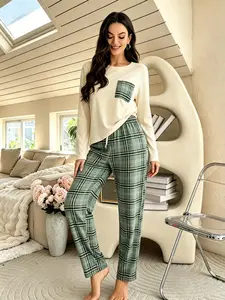Women's Long-Sleeve Loungewear Set for Spring and Autumn, featuring a beige top paired with green plaid pants. Made of soft, skin-friendly, and breathable fabric. Casual, comfortable, and fashionable, perfect for home leisure.