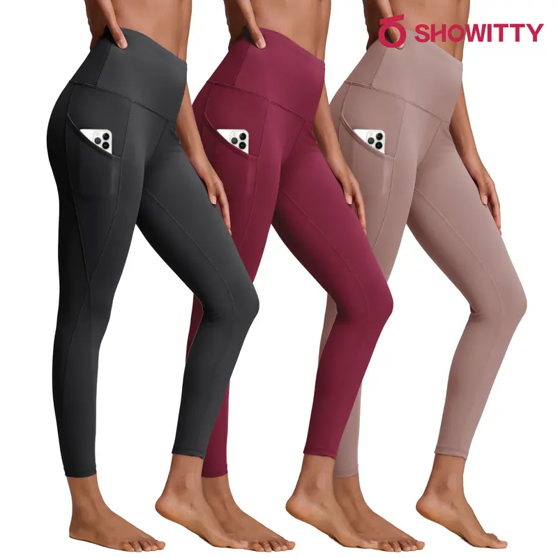 SHOWITTY Women's High Waisted Tummy Control 3 Pack Leggings with Pockets – Not See-through Stretchy Yoga Pants for Daily Wear