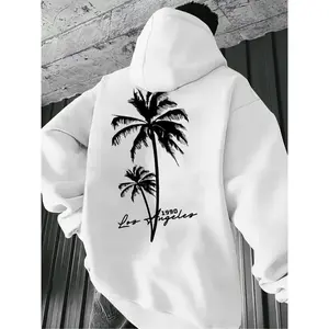 Men's casual hoodie, coconut tree design, DrawString pocket long sleeved pullover, letter printed autumn and winter street wear, suitable for both men and women, men's round neck street style summer and spring, casual, clothing, simple yet trendy, party a