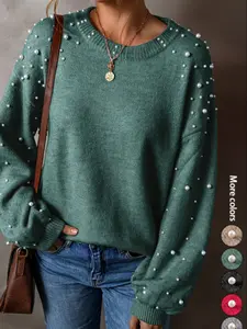 Women's Knitted Sweater Coat with Pearl Decoration, Loose Round Neck Elegant Casual Pullover for Autumn Winter Fashion Knitwear