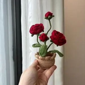 Mini Crochet Red Rose in Pot, Handmade Rose Flower Brooch, Valentines Day gifts, Christmas Gifts for Mom, Mother, Her