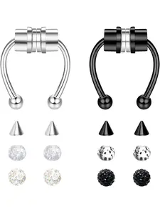 2 Pcs Black Silvery Non-Pierced Magnetic Septum Hoop Set for Women Men Premium Polished Stainless Steel Solid Structural Design Excellent Durability Stable Everyday Wearing Performance Iconic Classic Horseshoe Silhouette Fashionable Fake Nose Hoop Look