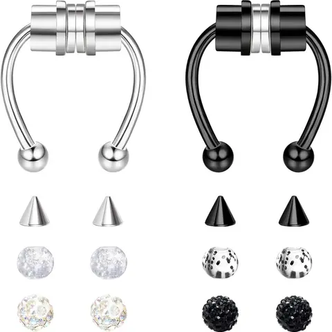 2 Pcs Black Silvery Unisex Magnetic Septum Rings for Women Men Stylish Fake Nose Hoop Design Premium Polished Stainless Steel Classic Horseshoe Silhouette Non-pierced Clip on Nose Hoops Easy To Put on And Take Off Nose Jewelry Non Piercing Jewelry
