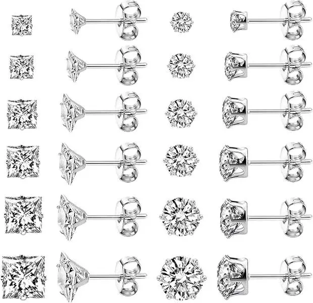 12 pairs Stainless Steel Stud Earrings For Women Men Girls Hypoallergenic Silver Earrings Sets For Women Multipack Cubic Zirconia Earrings Studs