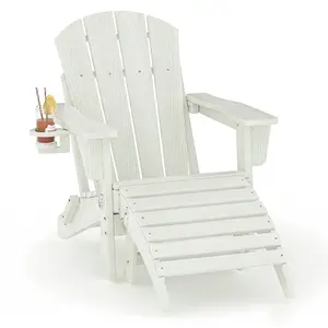 Folding Adirondack Chair Set of 1 with Ottoman, All-Weather HDPE Outdoor Chair, Wooden Textured with Cup Holder for patios, Decks, Gardens, fire pits, White