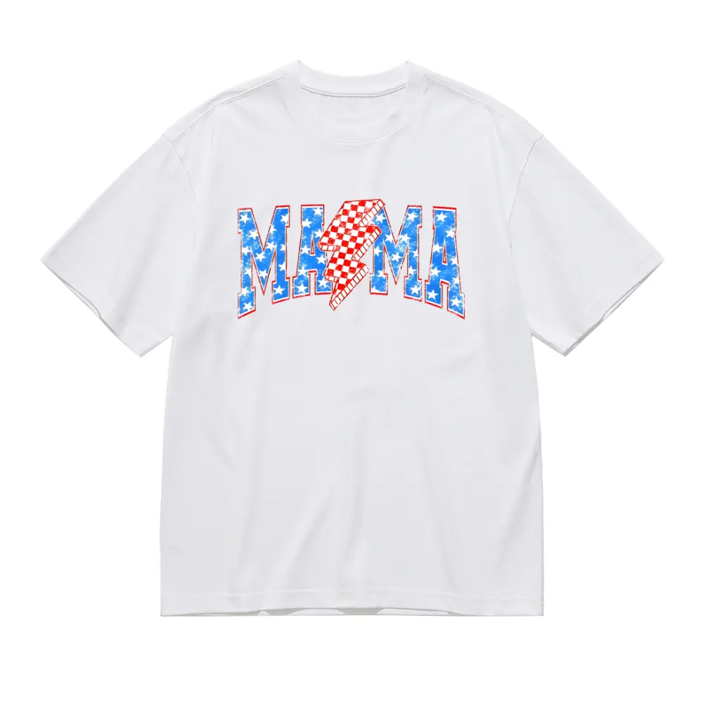 Women's Patriotic Mama Checkered Lightning Bolt Oversized Short-Sleeve T-Shirt - 4th of July Retro Vintage, Casual Streetwear, Round Neck, Comfortable Fit Graphic Tee, Shortsleeve, Tshirt, Women's Clothes, Tops For Women,summerwins,summeroutfits,vacationo