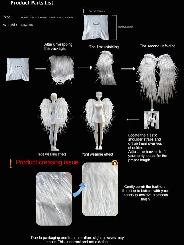 SEWLO Feather Angel Wings - Plump, Sturdy DIY Costume Wings for Halloween, Christmas, and Cosplay with Adjustable Straps