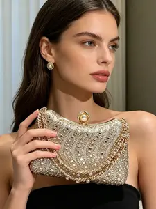 Women's Elegant Rhinestone Decorated Evening Bag, Exquisite Chain Strap Clutch Bag, Trendy Handbag for Party Decoration, Fashionable Shoulder Clutch