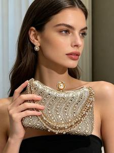 women's elegant rhinestone decorated bling evening bag, exquisite chain strap crossbody clutch purse, trendy bling handbag for party decoration, purse women, compact bags for women, accessory