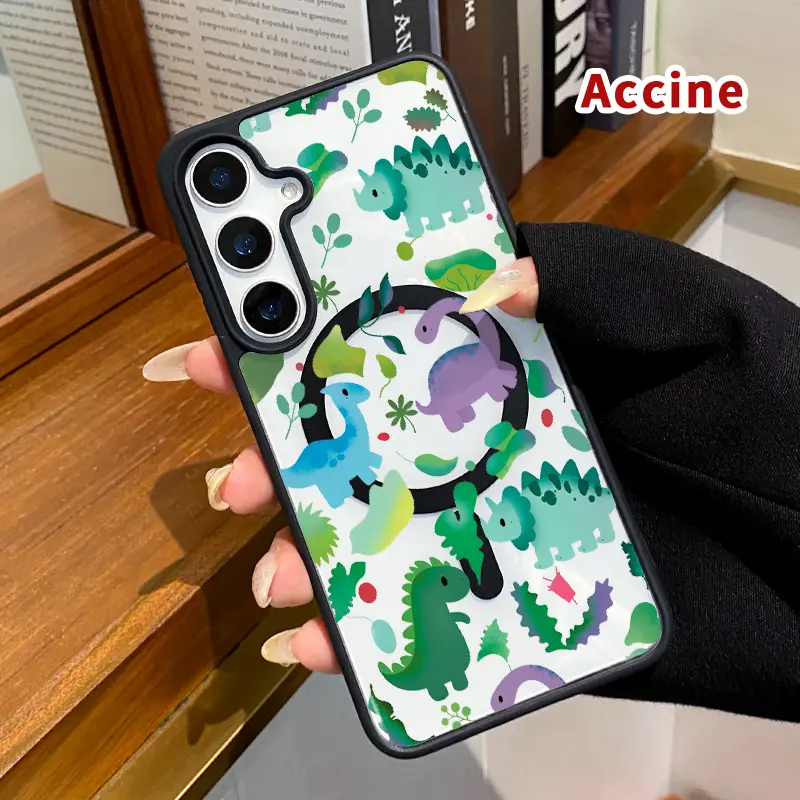 Magnetic Phone Case Compatible with Samsung Galaxy S26 S23 Ultra S24 Plus S25 Edge S22+ FE Dino Leaf Delight Printed Transparent Acrylic Back TPU Edges Non-Yellowing Cover