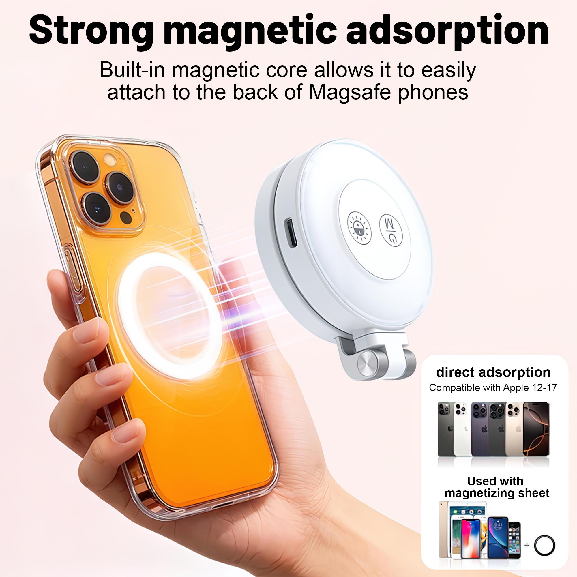 Magnetic Phone Fill Light, 360° Rotatable & 180° Tilt Rechargeable Selfie Light with 3 Light Modes, Portable Magsafe Beauty Ring Light for iPhone 12-17, Extendable Phone Stand for TikTok Live, Vlog, Makeup, Video Call, Photography