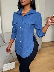 A ladies' blue button-down shirt with a pocket decoration and long sleeves, suitable for all kinds of office wear.