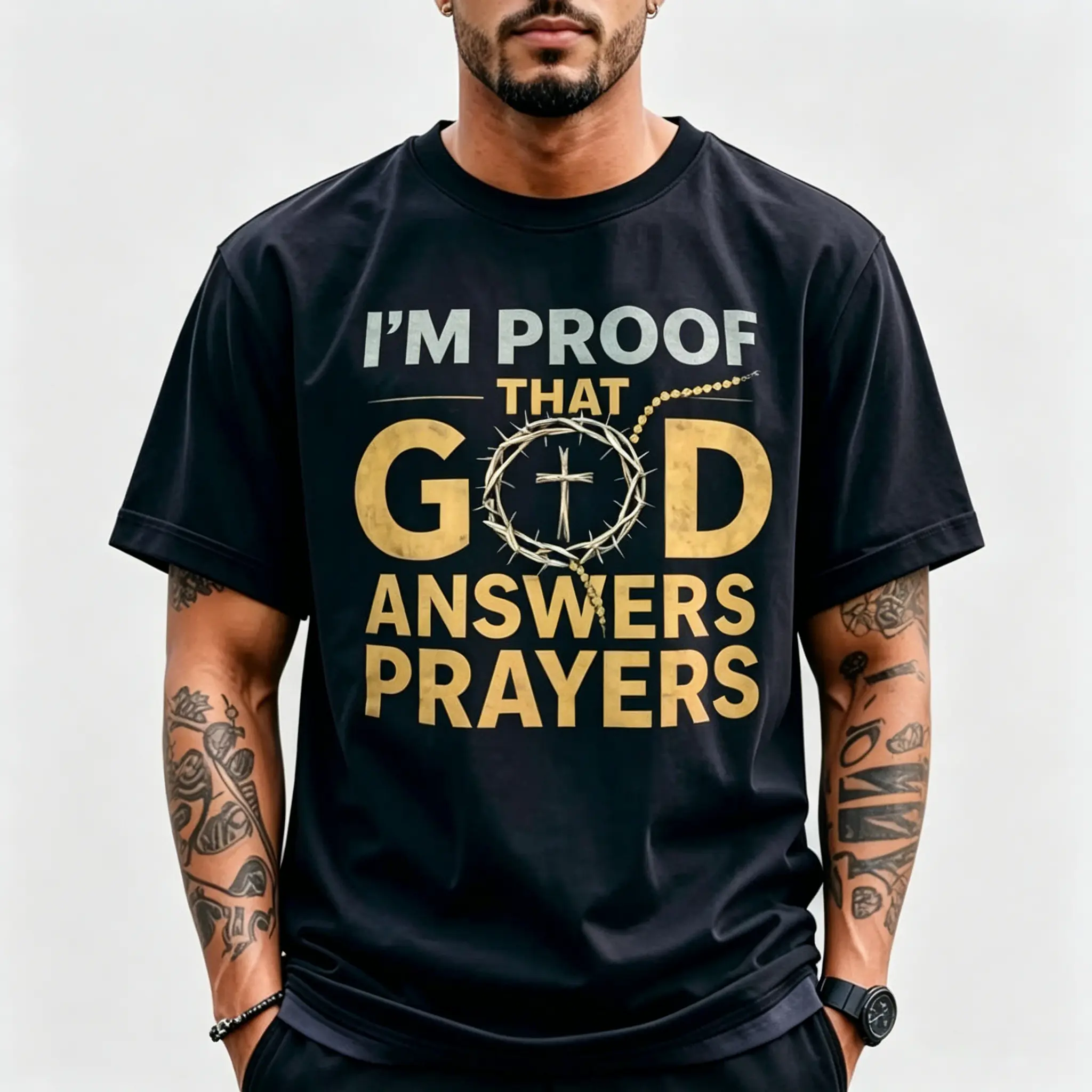 Men's Classic Seamless Graphic Menswear Christian Short Sleeve T-Shirt - "I Am the Proof of God's Response to Prayer" Print, Golden Crown Cross, Ultra-Soft Breathable Fabric, Crew Neck, White & Black, Church & Easter Use