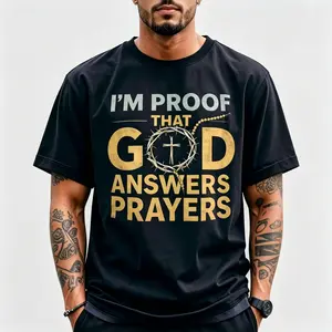 Men's Christian T-Shirt "I Am the Proof of God's Response to Prayer" with Golden Crown Cross & Lettering - Ultra-Soft Breathable Fabric Suitable for Church, Easter, Christmas - White & Black Crew Neck Short Sleeve, Unisex
