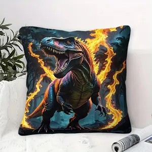 Fierce T-Rex Digital Print Throw Pillow, Vibrant Blue-Green and Orange Dinosaur Design, Contains Pillow Core,Jungle-Themed Decorative Cushion for Home, Perfect for Sofa and Couch, 45cm Square Size, Soft and Comfortable Indoor Decor