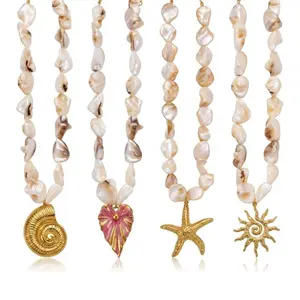 Natural Shell Beaded Women’s Necklace, Stainless Steel Sun Conch Starfish Pendant, Boho Beach Vacation‑Style Coastal Jewelry