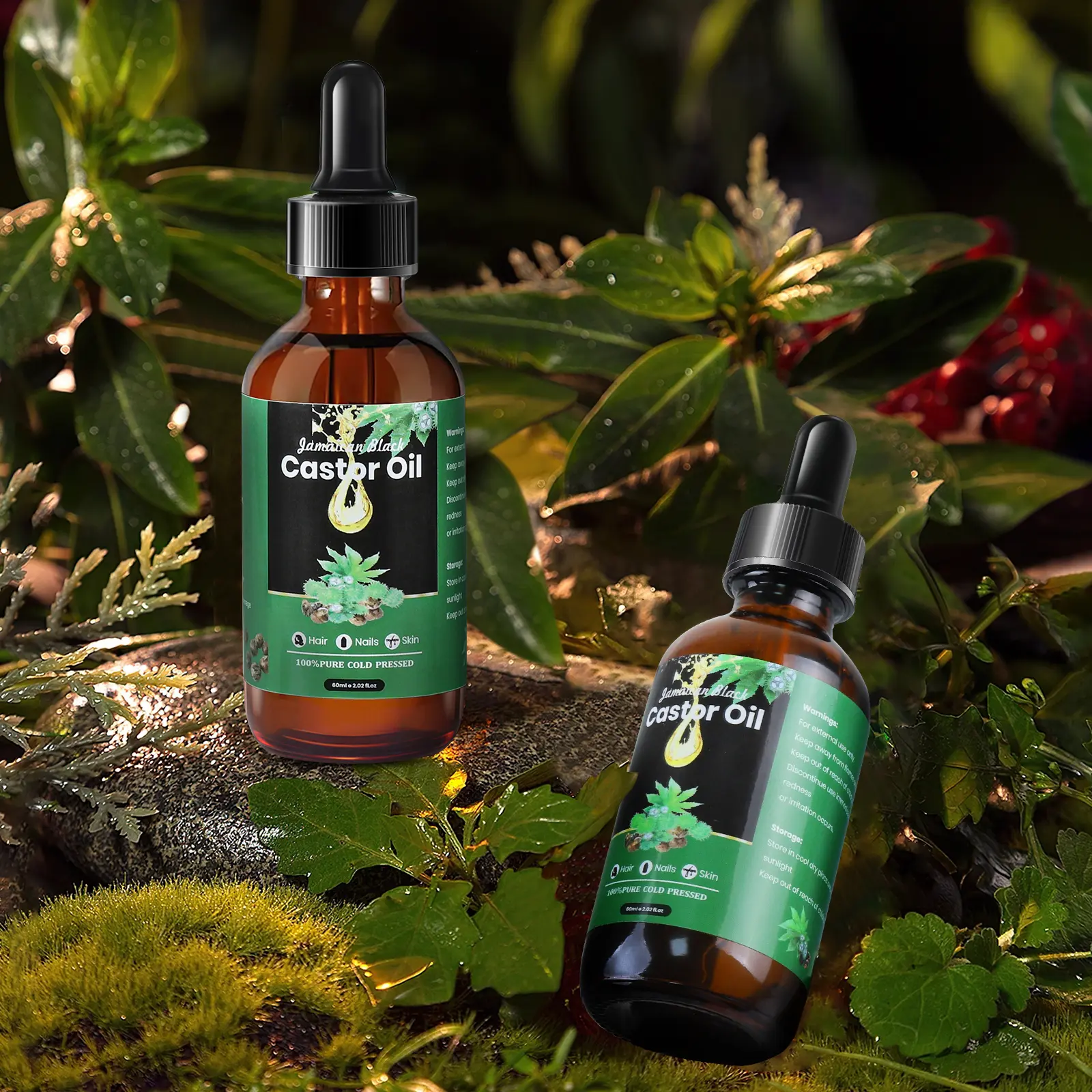 2 Bottles Jamaican Black Castor Oil, Organic Castor Oil Cold Pressed in Glass Bottle for Body, Face, Skin, Hair, Pure Cold Pressed Black Castor Oil, Body Massage Oil Body Care Comfort Natural Nails