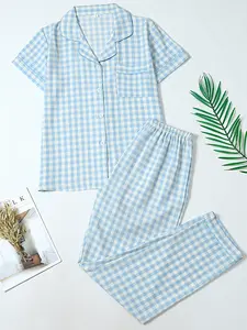Plaid Short Sleeve Top with Long Pants Luxury Pajama Set, Fitted Style for All Seasons, Casual and Comfortable Sleepwear
