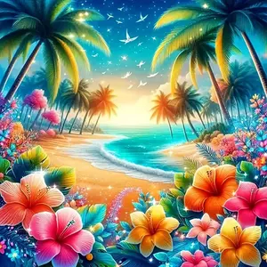 5D DIY Diamond Arts Colorful Painting Kit, Tropical Beach Pattern Diamond Arts Colorful Painting without Frame, Handmade Craft Wall Art Decoration, Beach Scene