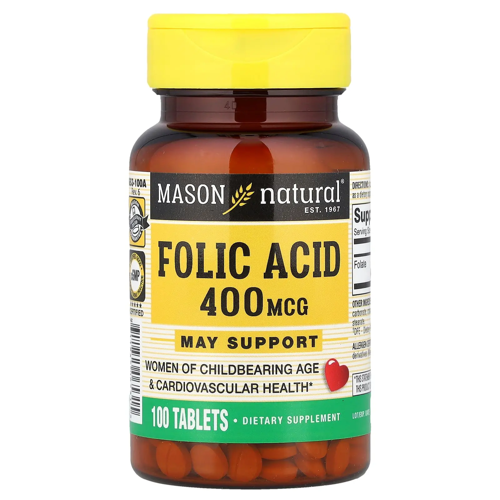 Mason Natural Folic Acid, 400 mcg, 100 Tablets