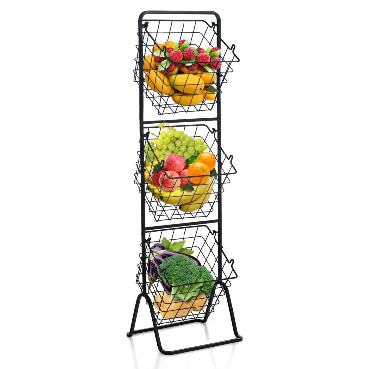 Metal 3-Tier Adjustable Height Steel Fruit Basket Stand Set, Easy to Connect Frame Hanging Kitchen Organiser with Multi-Shelf Racks & Displays, Large Stand Racks & Displays