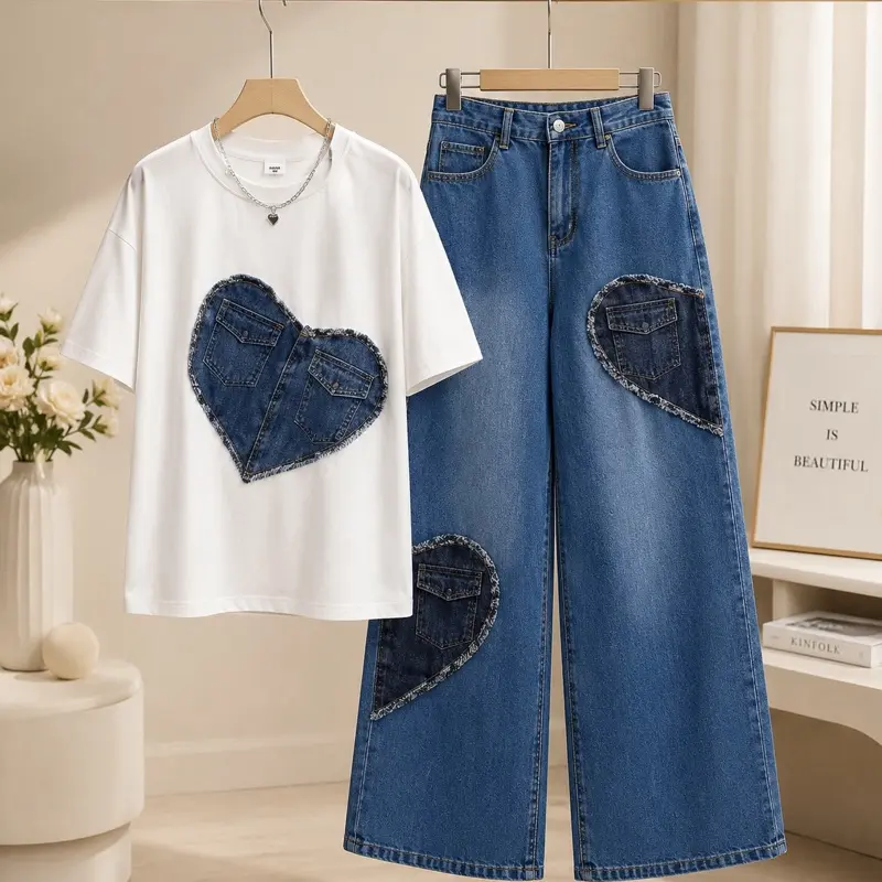 Women’s Heart Patch Oversized T-Shirt & Wide Leg Denim Jeans Two-Piece Set