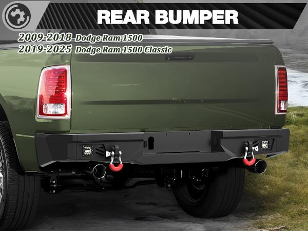 Ram 1500 Classic Rear Back Bumper with Lights for 2019-2025 Dodge , 2019 2020 2021 2022 2023 2024 2025 Dodge Ram 1500 Classic Truck Steel Rear Bumper w/LED Lights, D-rings