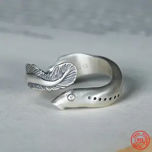 Vintage 925 Sterling Silver Eel Adjustable Ring For Men Women Gothic Trendy Street Hip Hop Dark Jewelry