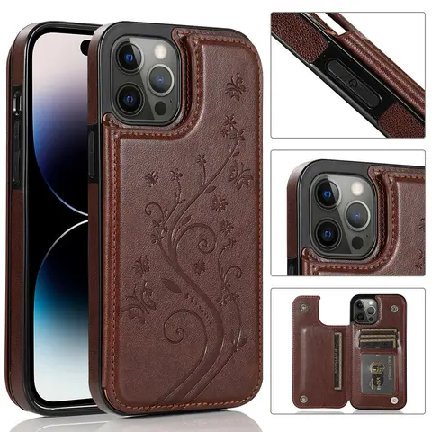 Flip Card Holder Phone Case ,Butterfly-flower embossed leather flip case for iPhone 11/12/13/14/15/16/17 – card slot, cool patterns, drop-proof, works for everyone!