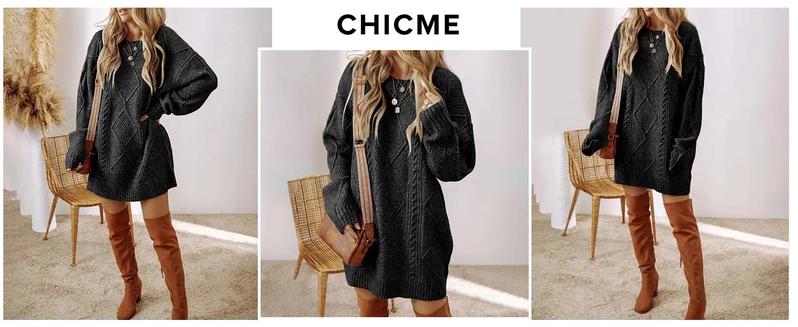 ChicMe 2025 Women's Round Neck Long Sleeve Sweater Dress Casual Loose Fit Cable Knit Pullover Mini Dress
