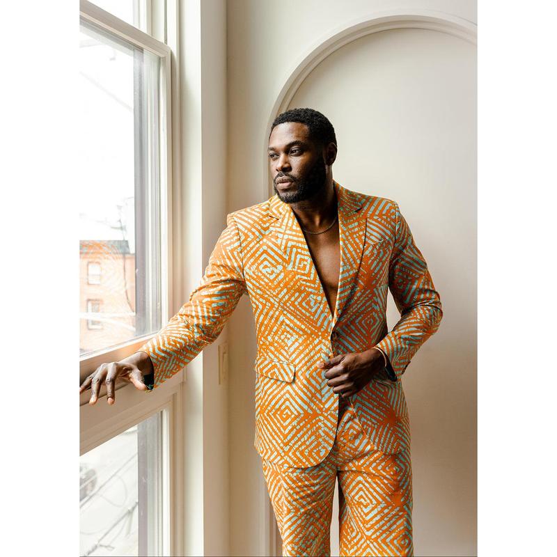 Hami Men's African Print Lightweight Blazer (Orange Blue Adire)