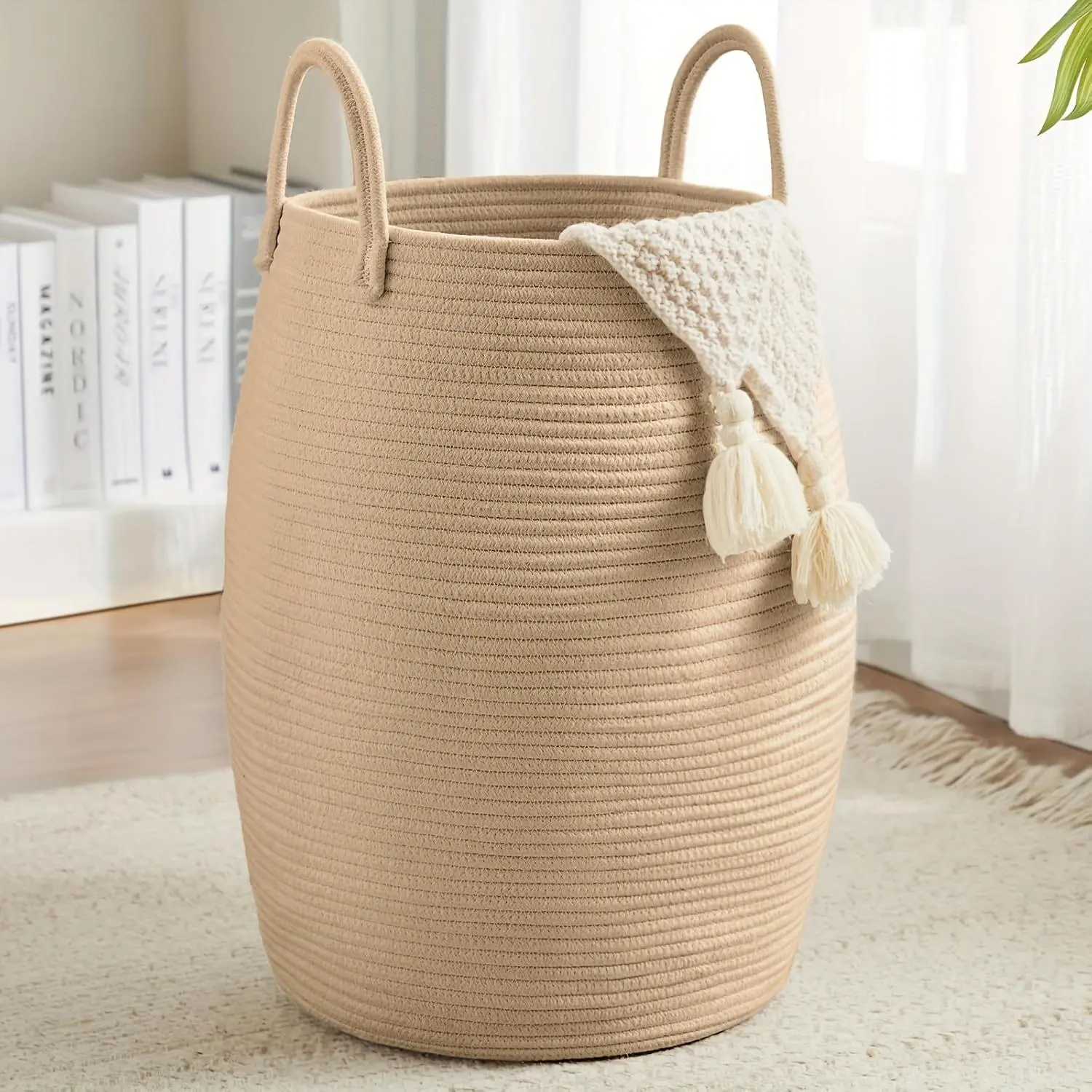 Lary Hamper Woven Large Clothes Hamper Height Tall Lary Basket with Extended Handles for Storage Clothes in Bedroom, Bathroom, Foldable (No Tassel Decor)