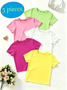 Girls' 5-Pack Basic Short Sleeve T-Shirts, Solid Color Simple Top, Polyester + Polyethylene Breathable Soft Round Neck, Casual Loose Fit, Casual Tee Tops