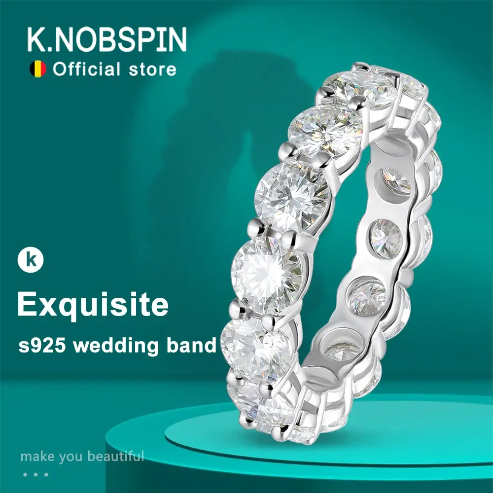 Knobspin 5mm 7ct D Color Moissanite Ring 925 Sliver Plated with White Gold Wedding Band Eternity Band Engagement Rings For Women