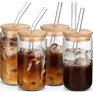 Glass Cups with Lids and Straws 4 pcs,16oz Drinking Glasses Set for Coffee Bar Accessories,Iced Coffee Cups with Lids,Matcha Cup Glass Tumbler Reusable for Gifts