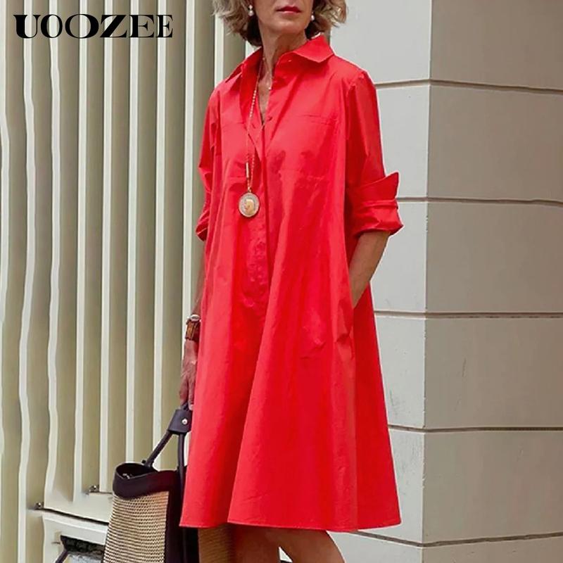 UOOZEE- LIVE Women's Long Sleeves Solid Color Lapel Maxi Dresses Midi Dresses Summer White