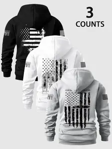 Men's Fall Winter 3-Pack, Fashion Letter Print Hooded Sweatshirts, Casual Fitted Knitwear, Long Sleeve Thick Fabric, Comfortable Style