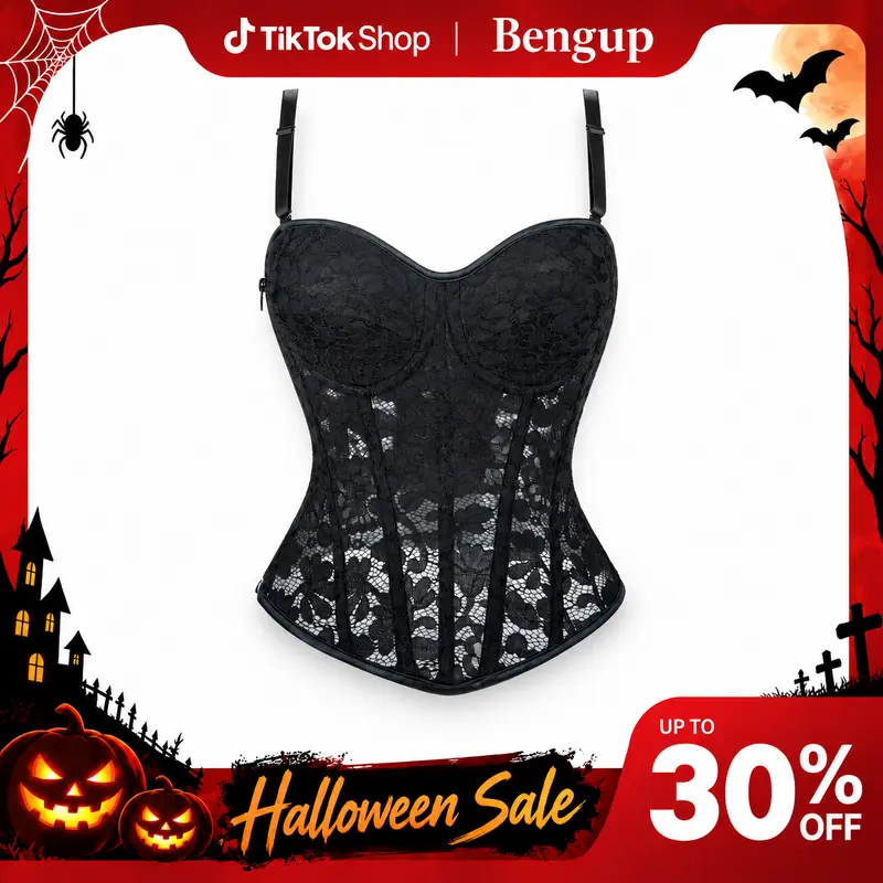 Black Lace Corset Top for Women Chic Elegant Bustier, Fashion Womenswear Strap Body Shaper, Polyester Lace-lined Shaping Waist Trainer for Party Outfits, Built-in Shapewear