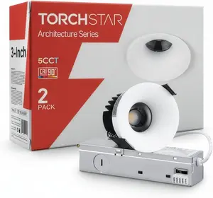 TORCHSTAR 5CCT Trimless 3 Inch LED Recessed Light, 2700K/3000K/4000K/4500K/6500K Selectable, CRI 90, Pack of 2